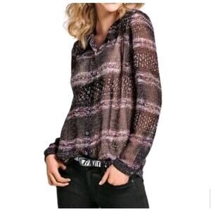 Cabi‎ Black Purple Stripes Semi Sheer Button Up Artsy Paris Blouse Size Small